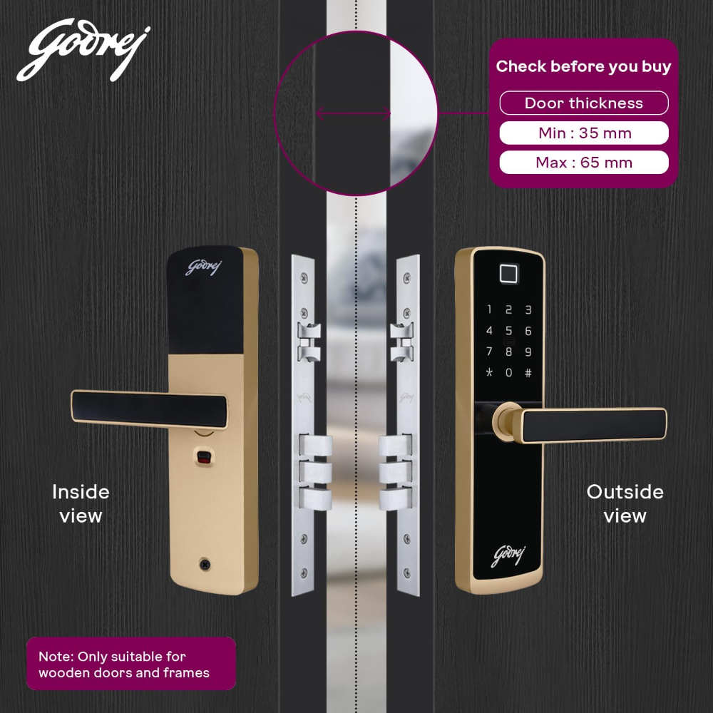 Godrej Locking Solutions and Systems Smart LocksICatus Touch PlusISmart Digital Lock for Wooden DoorI4 in 1 AccessI FingerprintIRfidIPin AccessIMechanical KeyIChampagne Gold Finish, Alloy Steel